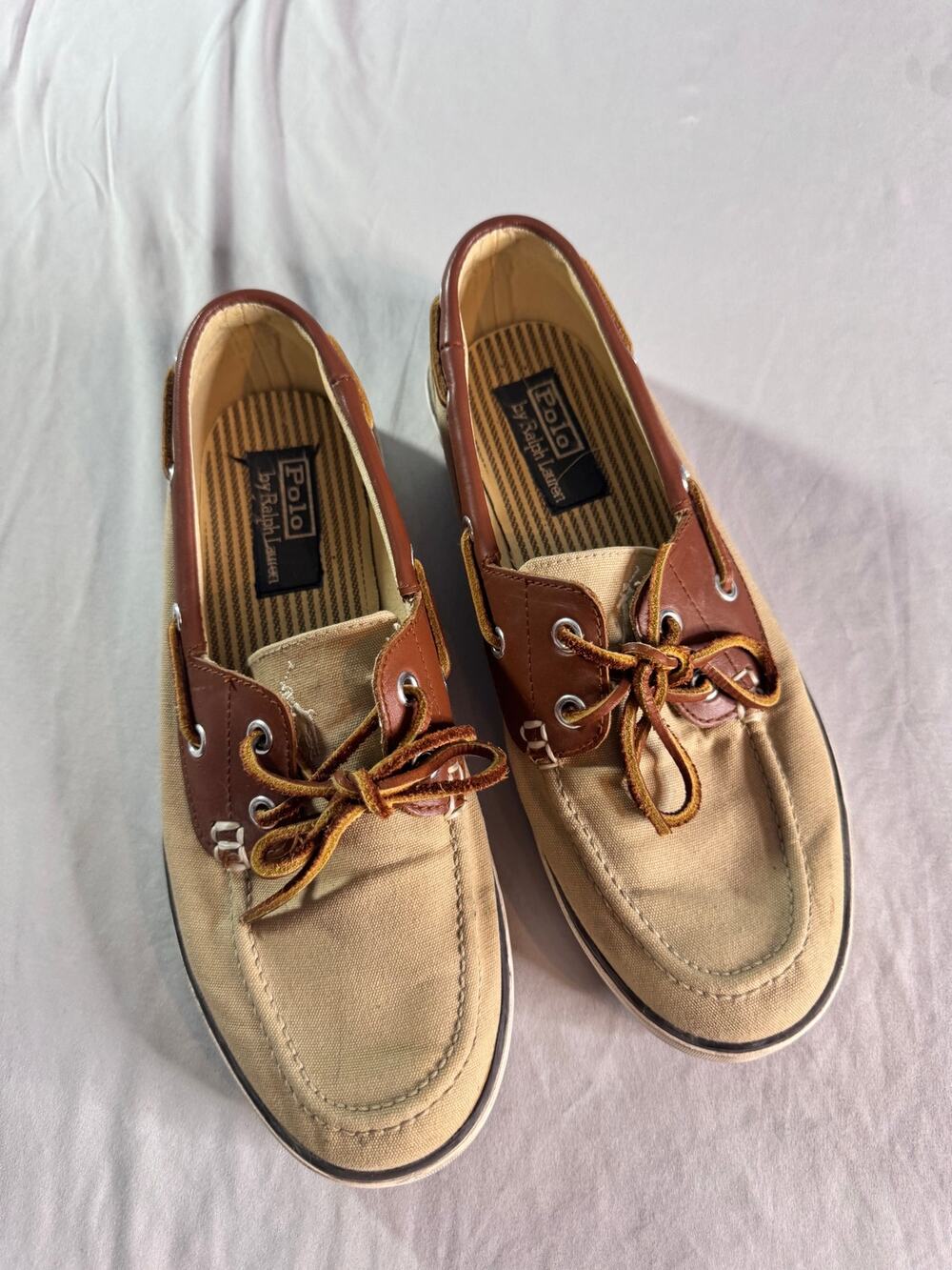 Polo Ralph Lauren Rylander Mens 8D Tan Canvas Leather Boat Shoes Preppy